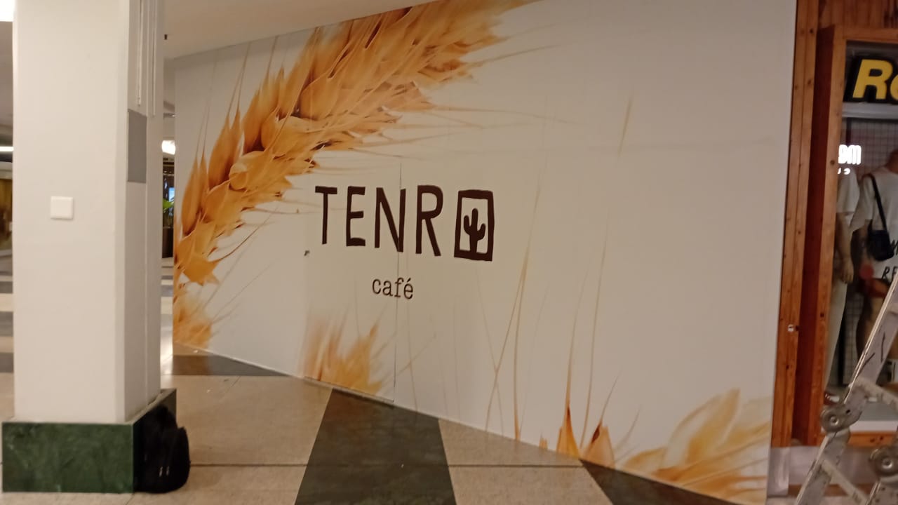 Tapume Tenro Café — adesivação ilustrada em fachada de loja
