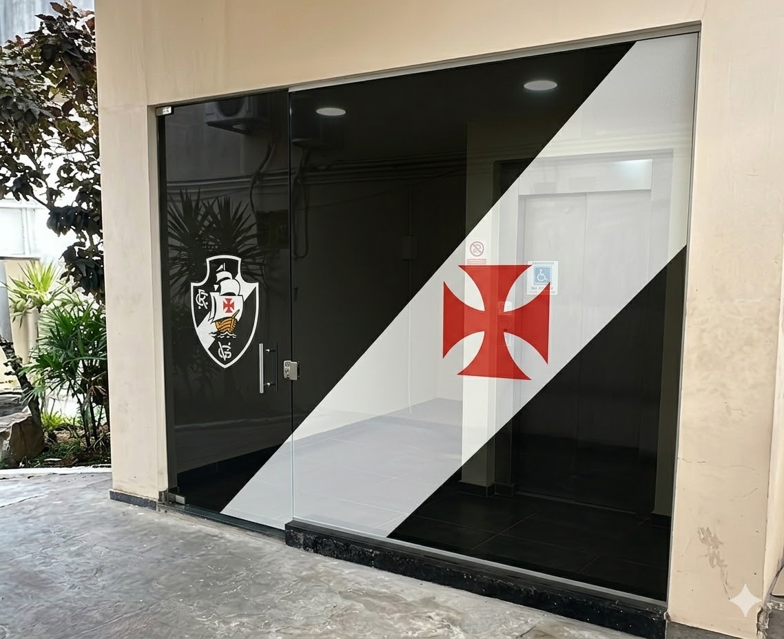 Adesivação de porta de vidro Vasco da Gama — brasão e cruz de malta em recorte aplicado em fachada