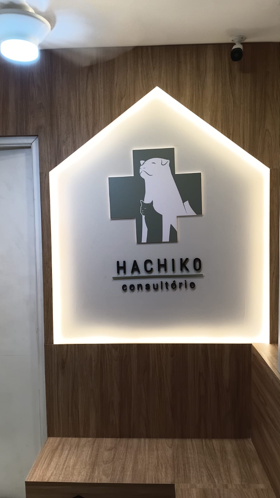 Letreiro iluminado Hachiko Consultório Veterinário — recepção